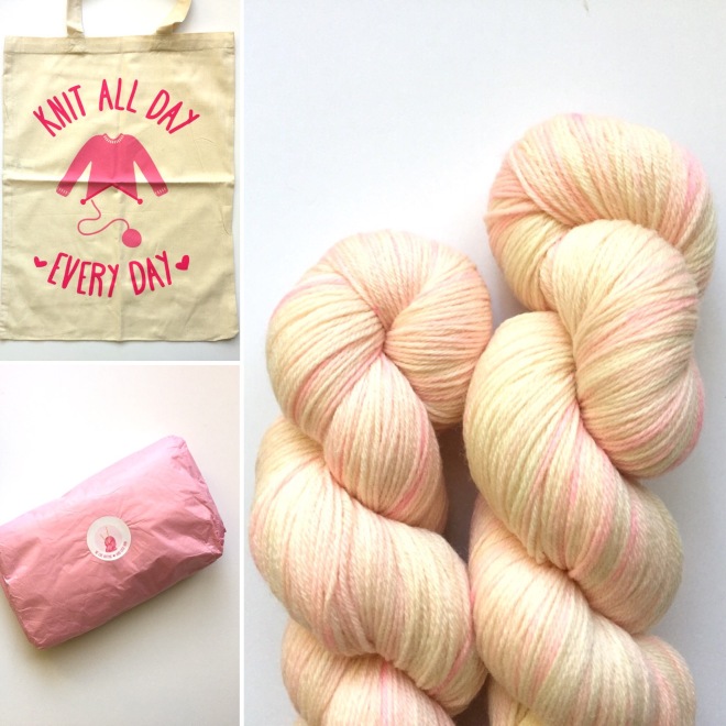 Strawberries and Cream yarn from We Love Knitting -- and they sent a free tote bag with my order!